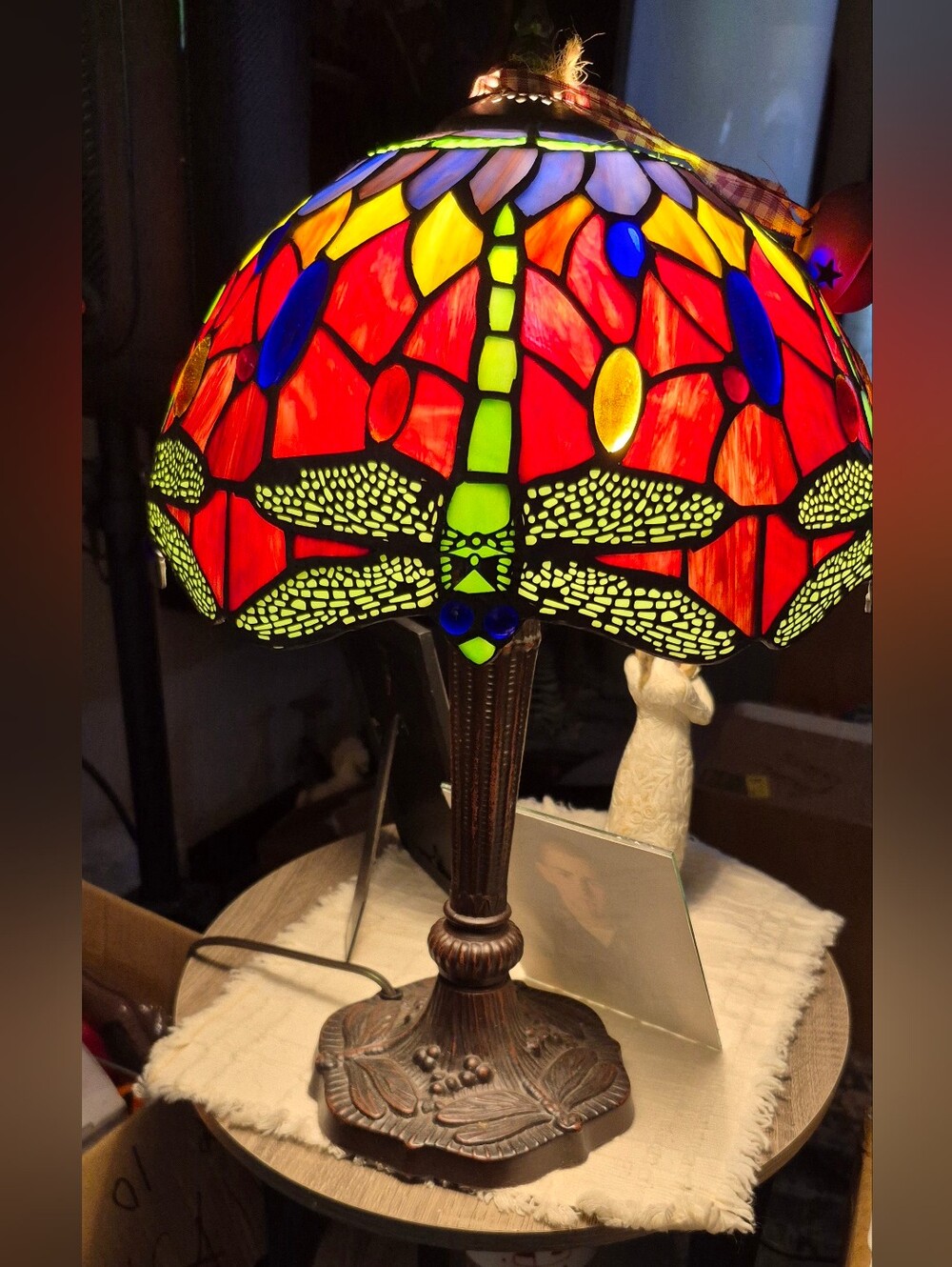 Tiffany Copy Stained Glass Dragonfly Table Lamp - Red & Green - Picture 5 of 5